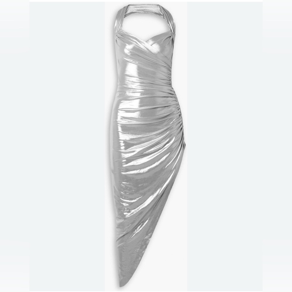 Norma Kamali Cayla Metallic Silver Asymmetrical Dress